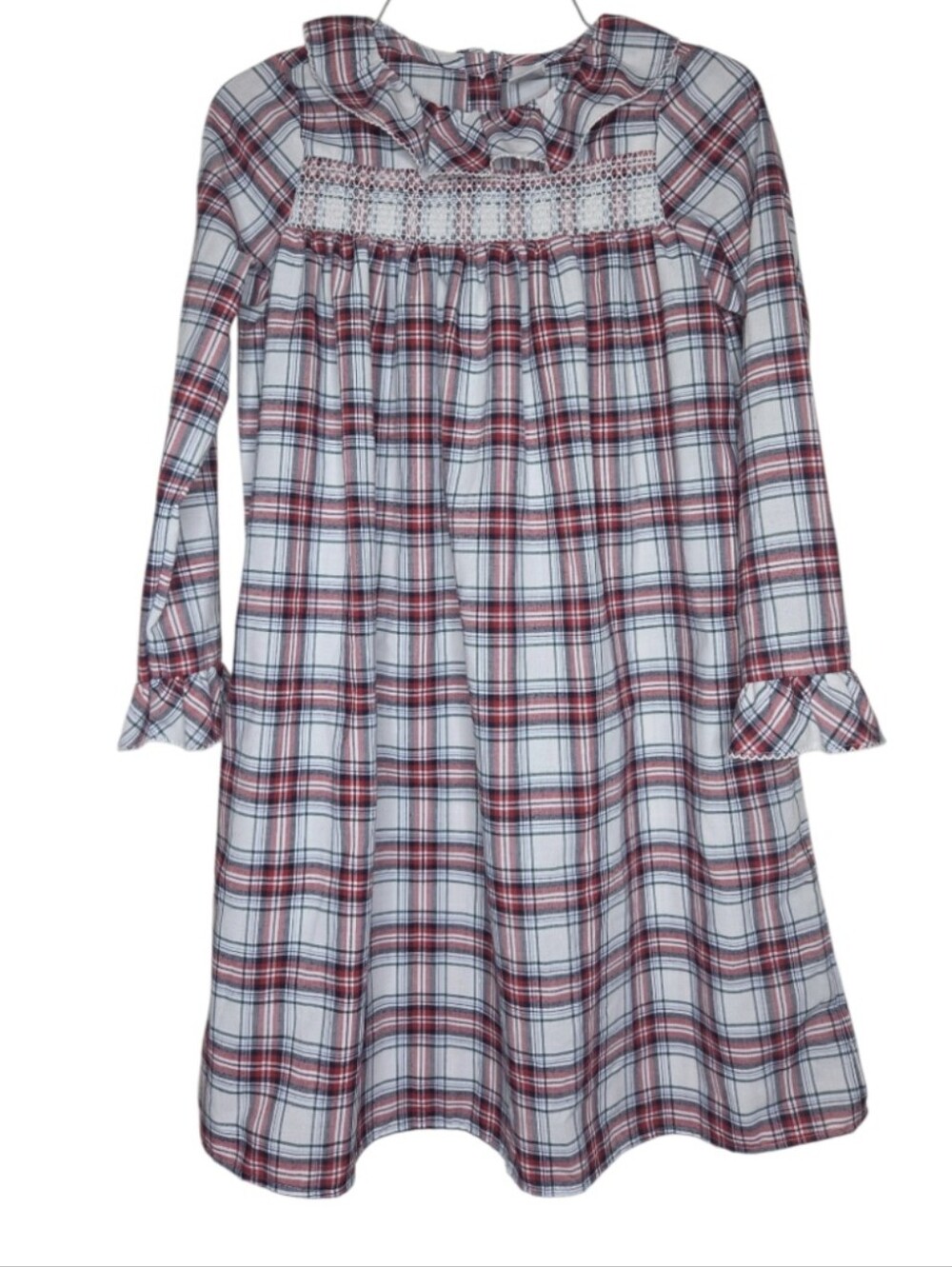 Janie & Jack Girl's Red White Tartan Plaid Smocked Long Sleeve Nightgown Size 8